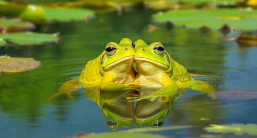 Two vibrant green frogs are seen together in a pond, their reflections mirroring them in the water.