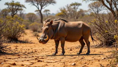 A solitary warthog (Phacochoerus aethiopicus), with its distinctive tusks, traverses a parched