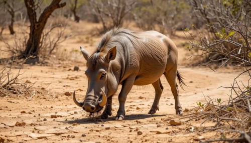A close-up shot captures a warthog (Phacochoerus aethiopicus) in the wild, showcasing its