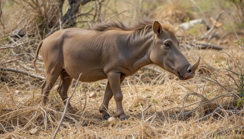 A close-up shot of a warthog (Phacochoerus aethiopicus), a wild pig species, walking through dry