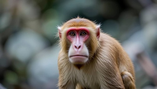 A detailed portrait of a Rhesus macaque monkey, showcasing its distinctive facial features and fur.