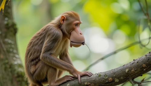 A Proboscis Monkey (Nasalis larvatus) with light brown fur sits on a tree branch, looking to the