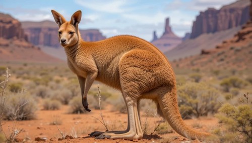 A majestic kangaroo stands tall in a desert environment, with red rock formations in the background