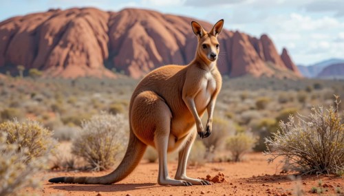 A majestic kangaroo stands proudly in the arid Australian outback, with a stunning red rock