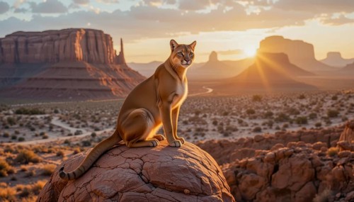 A stunning cougar (Puma concolor) sits atop a rock formation, gazing out over the vast desert