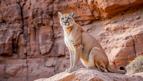 A stunning cougar (Puma concolor) sits regally on a rock, its gaze fixed, set against the backdrop