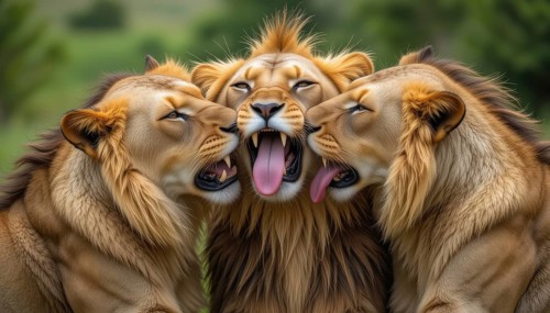 A captivating image captures three lions in a moment of playful interaction, with one lion yawning