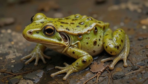 This detailed shot captures a green Edible Frog's (Rana esculenta) intricate features, highlighting