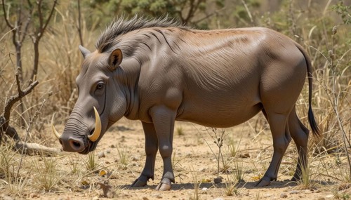 A side view of a warthog (Phacochoerus aethiopicus) standing in a dry, grassy environment,
