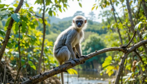 A beautiful langur monkey sits on a tree branch, surrounded by lush green foliage, with a serene