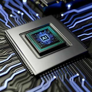 AI processor chip on a circuit boardAI, microchip, neon, blue lights, circuitry, close-up,