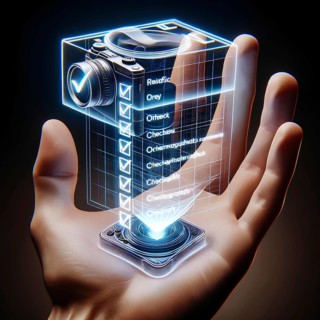 Hand displaying a 3D hologram of a camera and a digital checklist, symbolizing photography