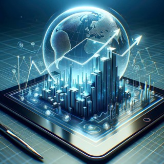 Digital tablet projecting a 3D holographic cityscape with global connectivity and data charts, AI