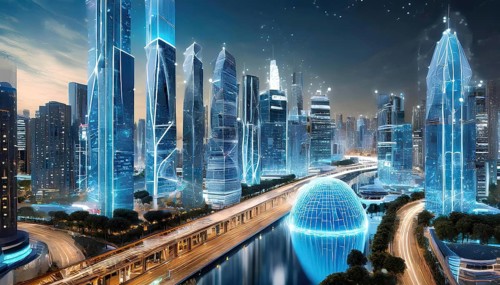 A cityscape with a blue dome in the middle. The dome is surrounded by buildings and a river. The