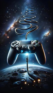 A video game controller is shown in space with a cable coming out of it. The image is a creative