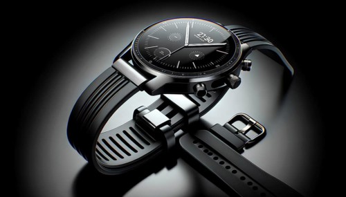 A watch with a black band and a black face. The watch is showing the time as 10:10, AI generated
