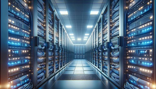 A large room with many computer servers. The room is lit up with blue lights. The servers are