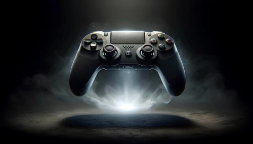A black Playstation controller is suspended in midair. The controller is surrounded by a dark