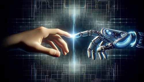 A robot hand is touching a human hand. Concept of human-robot interaction and the potential for
