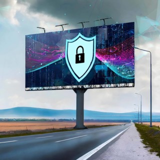 A billboard with a blue shield and a key on it. The billboard is on a road with a clear blue sky in