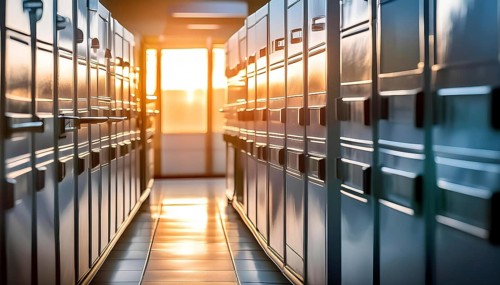 A long hallway with many filing cabinets. The sun is shining through the windows, casting a warm