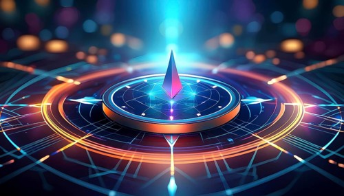 A blue and orange circle with a point in the center. The circle is surrounded by a colorful