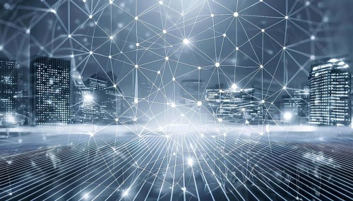 A cityscape with a network of lines connecting the buildings. Concept of connectivity and