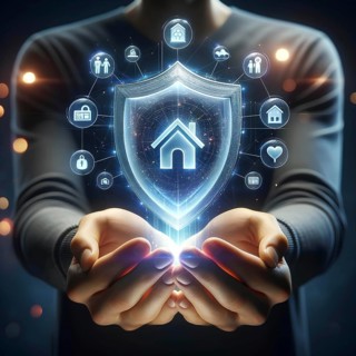 Close-up of hands cupping a digital hologram of a shield with a house icon, symbolizing home