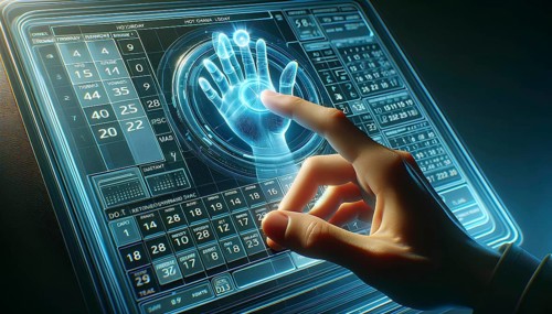 A person's hand engaging with a sophisticated holographic handprint scanner on a futuristic digital