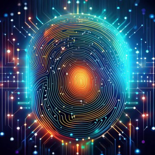 A colorful image of a fingerprint with a blue background. The image is abstract and has a