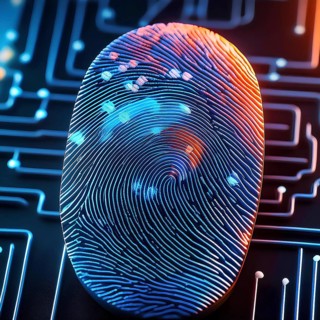 A finger print is shown on a circuit board. The finger print is in the center of the image and is