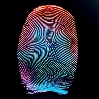A colorful fingerprint with a blue stripe in the middle. The image is abstract and has a futuristic