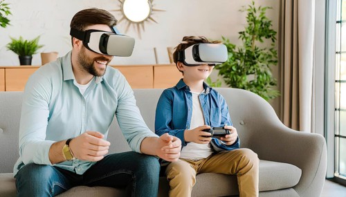 A man and a boy are sitting on a couch playing a video game. The boy is wearing a blue shirt and