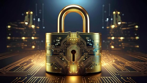 A high-tech golden padlock with intricate electronic circuits, symbolizing advanced cybersecurity