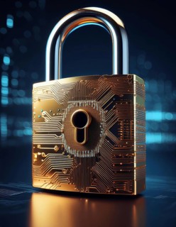 Closed golden padlock with electronic microchip and printed circuit board securing digital data, AI