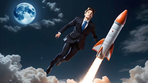 Launch project. Business concept. Man and flying rocket as business concept. AI generated image, ai