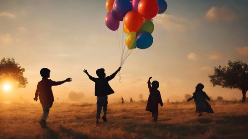 Group of children Silhouette, holding balloons, AI generated