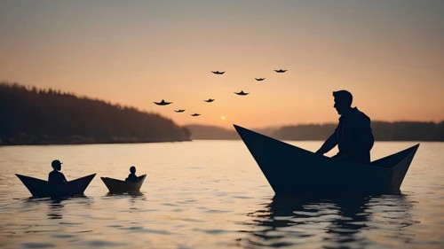 Man is sailing on paper boat in water, AI generated