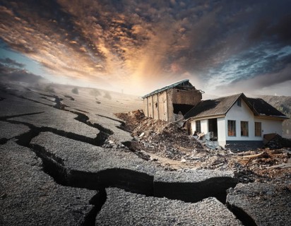 Earthquake - natural disaster with crack in the ground and rubble, AI generated