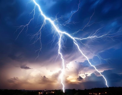 Strike of lightning in the night sky, AI generated