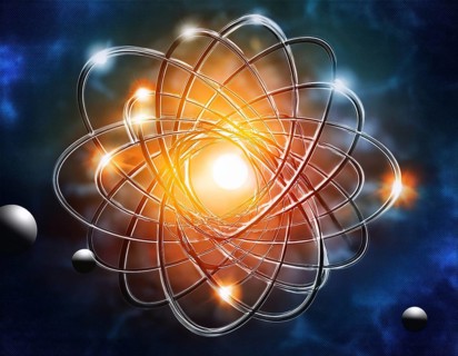 A vibrant illustration of an atomic structure with colorful spheres and connections, illuminated