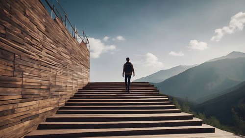 Man climbing up stairs towards an open door in the sky with clouds. Ladder of Success. AI generated