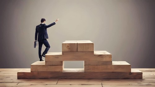 Man climbing up stairs. Ladder of Success. AI generated image, ai