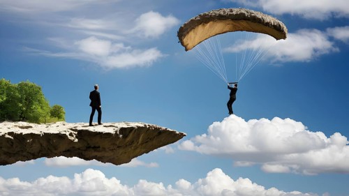 Concept of business, risk taking, safety, challenge, concentration. Surreal adventure, epic scene