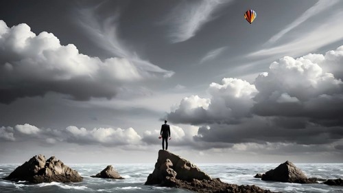 Concept of business, risk taking, safety, challenge, concentration. Surreal adventure, epic scene