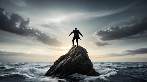 Concept of business, risk taking, safety, challenge, concentration. Surreal adventure, epic scene