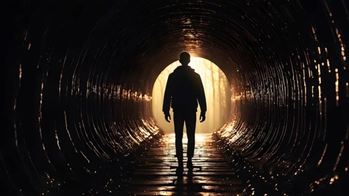 Silhouette of a man on the edge of the wood tunnel looking down. Silhouette in a subway tunnel.
