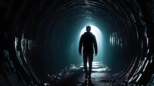 Silhouette of a man on the edge of the wood tunnel looking down. Silhouette in a subway tunnel.