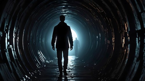 Silhouette of a man on the edge of the wood tunnel looking down. Silhouette in a subway tunnel.