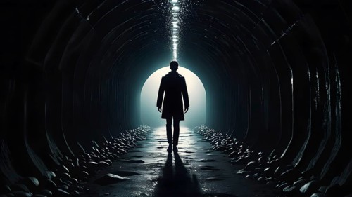 Silhouette of a man on the edge of the wood tunnel looking down. Silhouette in a subway tunnel.
